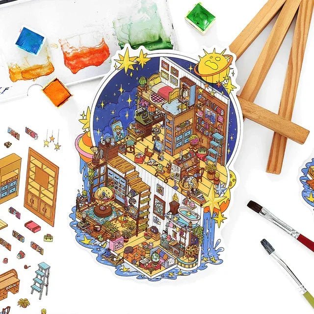 Colorful illustrated sticker of a cozy miniature room scene with art supplies around