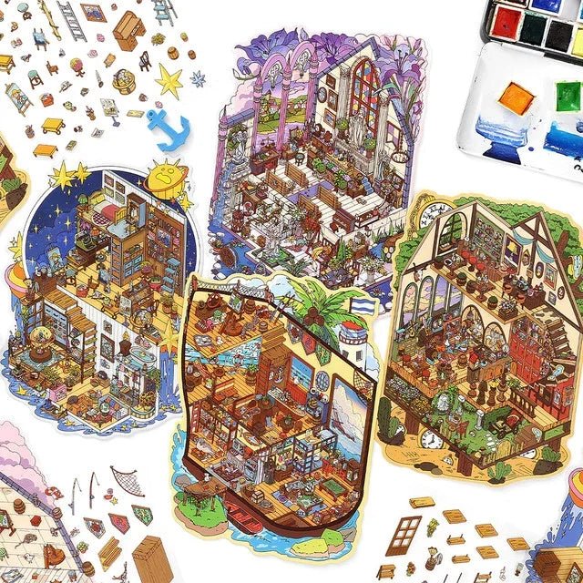 Colorful miniature room scene stickers for journaling, scrapbooking, and crafts