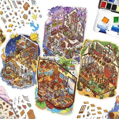 Colorful miniature room scene stickers for journaling, scrapbooking, and crafts