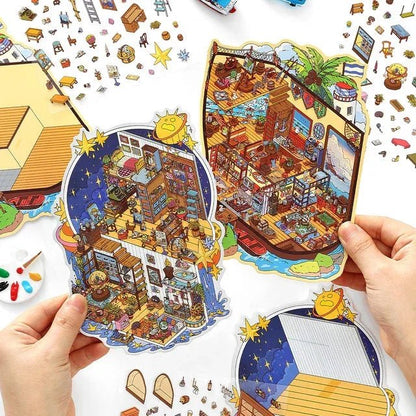 Hands holding colorful miniature scene stickers of cozy indoor rooms with detailed furniture, perfect for journaling and scrapbooking.