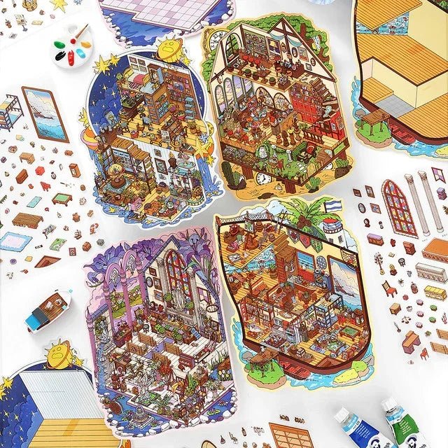 Colorful miniature scene stickers of cozy indoor rooms and creative studio spaces for journaling.
