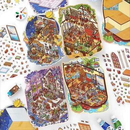 Colorful miniature scene stickers of cozy indoor rooms and creative studio spaces for journaling.