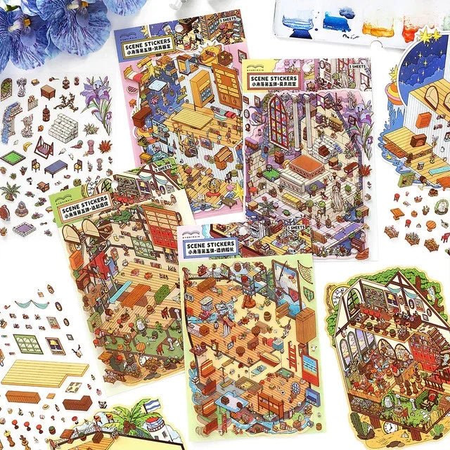Colorful miniature scene sticker sheets for journaling, featuring cozy indoor and outdoor designs.