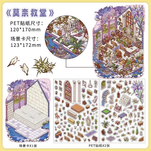 Miniature chapel scene sticker set with colorful furniture, plants, and decorative elements.