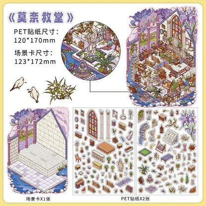 Miniature chapel scene sticker set with colorful furniture, plants, and decorative elements.