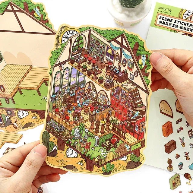 Colorful miniature cozy studio scene sticker featuring detailed furniture and decor, perfect for journaling or scrapbooking.
