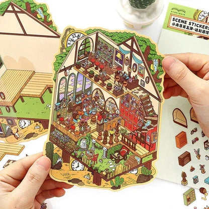 Colorful miniature cozy studio scene sticker featuring detailed furniture and decor, perfect for journaling or scrapbooking.