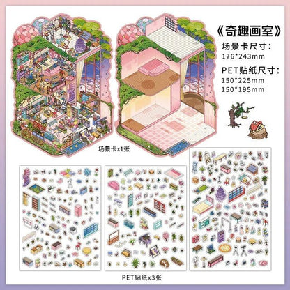 Miniature room scene sticker set with colorful furniture, decor, and journaling accessories.