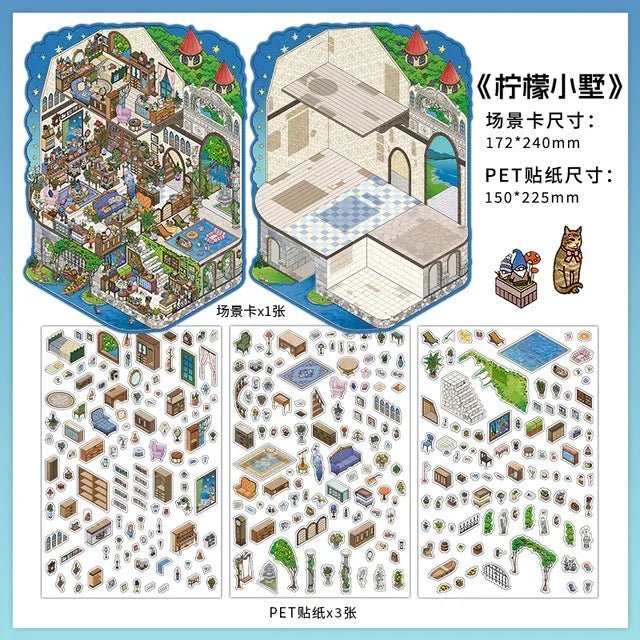 Miniature room sticker set with cozy villa scene, furniture, plants, and decor for journaling crafts.
