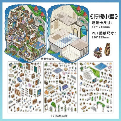 Miniature room sticker set with cozy villa scene, furniture, plants, and decor for journaling crafts.