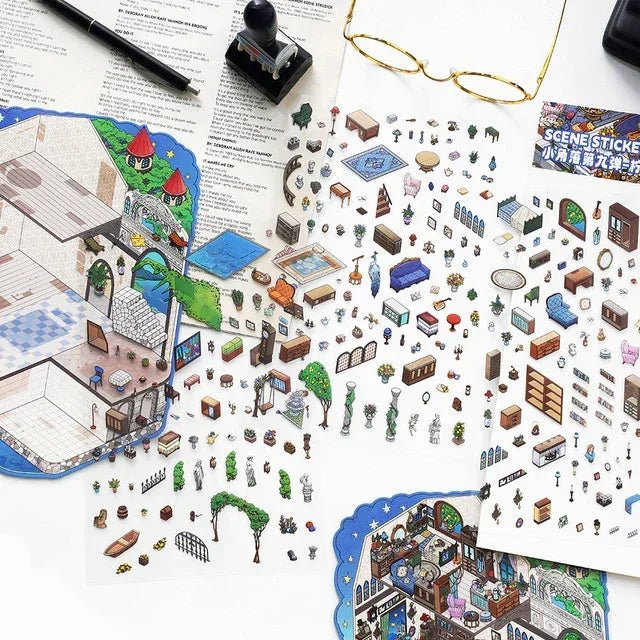 Assorted miniature scene stickers with cozy home furniture and decor for journaling or scrapbooking