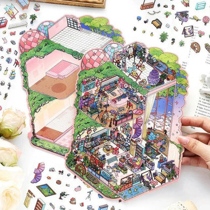 Hand holding colorful miniature house scene stickers with whimsical rooms for journaling crafts