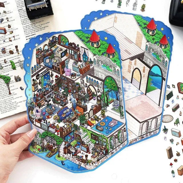 Colorful whimsical villa scene sticker sheet with miniature rooms for journaling and scrapbooking