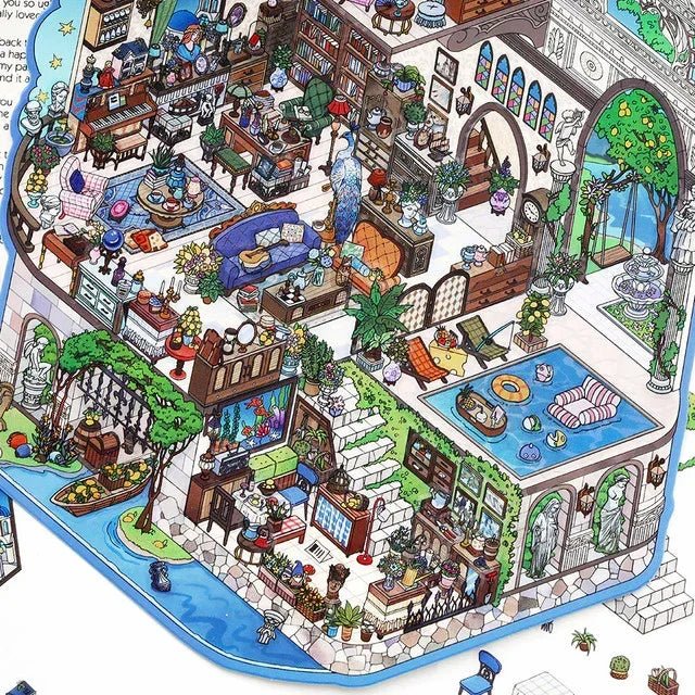 Whimsical illustrated miniature villa scene with cozy rooms, pool, plants, and creative details.