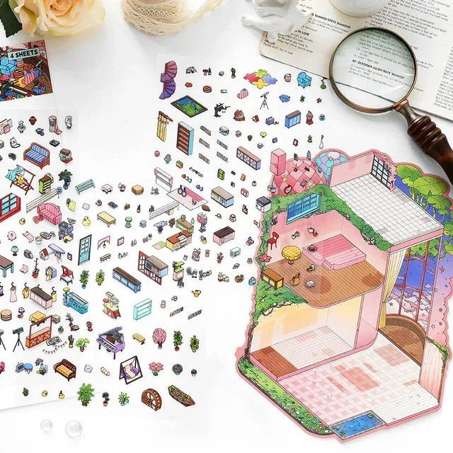 Miniature scene sticker sheets with colorful furniture and a whimsical villa background for crafting.