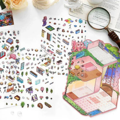 Miniature scene sticker sheets with colorful furniture and a whimsical villa background for crafting.