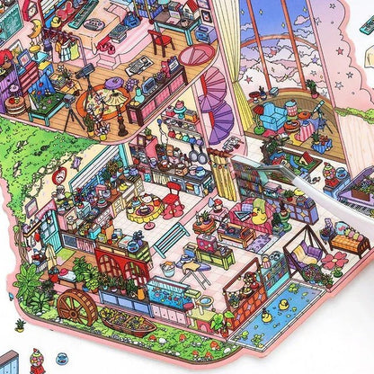 Whimsical miniature house interior scene sticker, colorful rooms, garden, cozy furniture, pool with ducks.