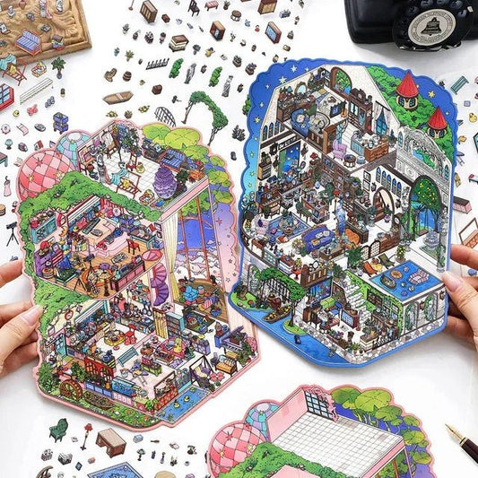 Miniature whimsical house scene stickers for journaling and scrapbooking crafts