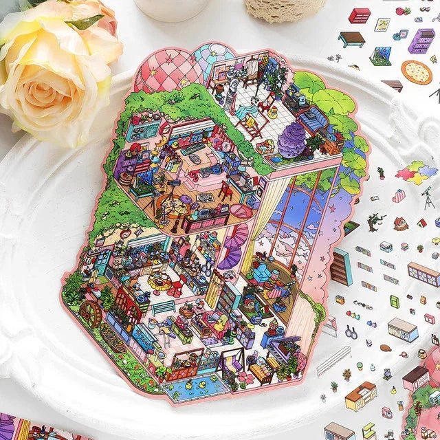 Colorful miniature room scene sticker sheet with whimsical furniture and cozy details on a tray