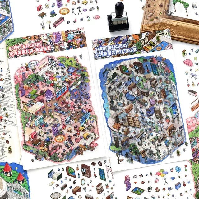 Colorful miniature scene stickers for journaling and scrapbooking, with cozy room designs.