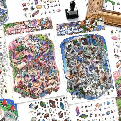 Colorful miniature scene stickers for journaling and scrapbooking, with cozy room designs.