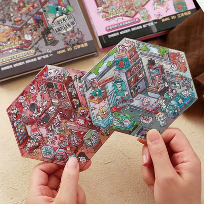 Hands holding two colorful miniature scene stickers with cute cartoon characters, perfect for scrapbooking or journaling.