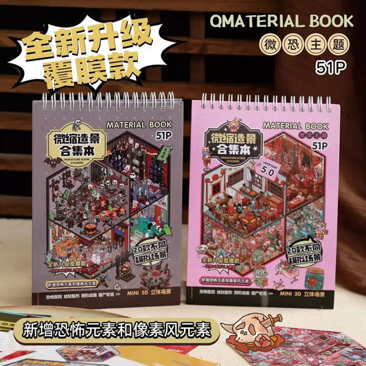 Miniature horror scene sticker books with pink and grey covers, featuring 3D room designs.