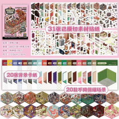 Miniature horror town scene sticker pack with cut-out stickers, background cards, and room diorama designs for journaling and scrapbooking.