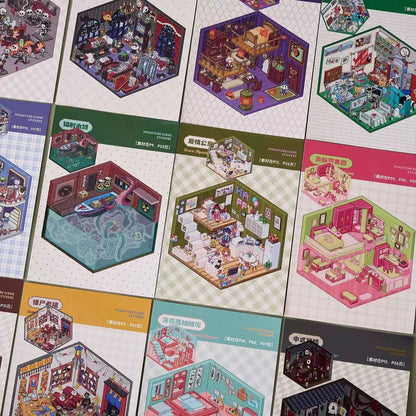 Colorful miniature scene stickers featuring cozy and whimsical room designs for journaling.