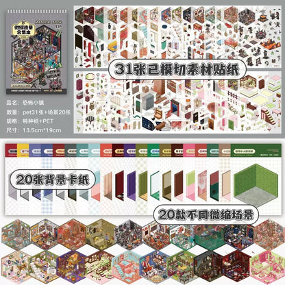 Miniature horror scene sticker set with 3D room stickers, backgrounds, and decor for journaling