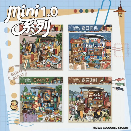 Miniature market sticker sheets with summer festival, camping, vintage, and toy stall themes.
