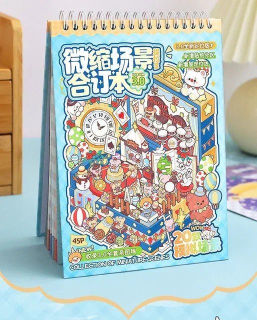 Miniature scene sticker book featuring colorful cartoon animals, desserts, and playful designs