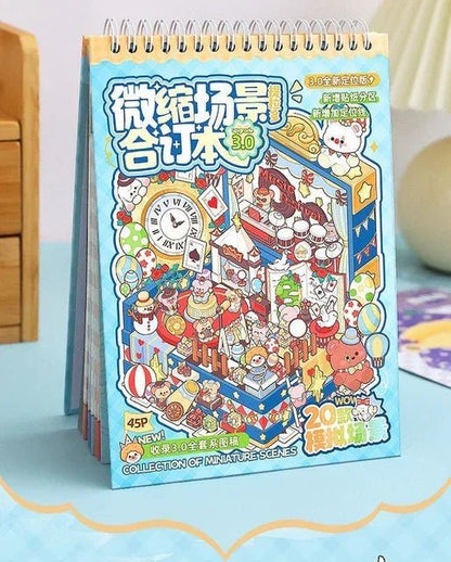 Miniature scene sticker book featuring colorful cartoon animals, desserts, and playful designs
