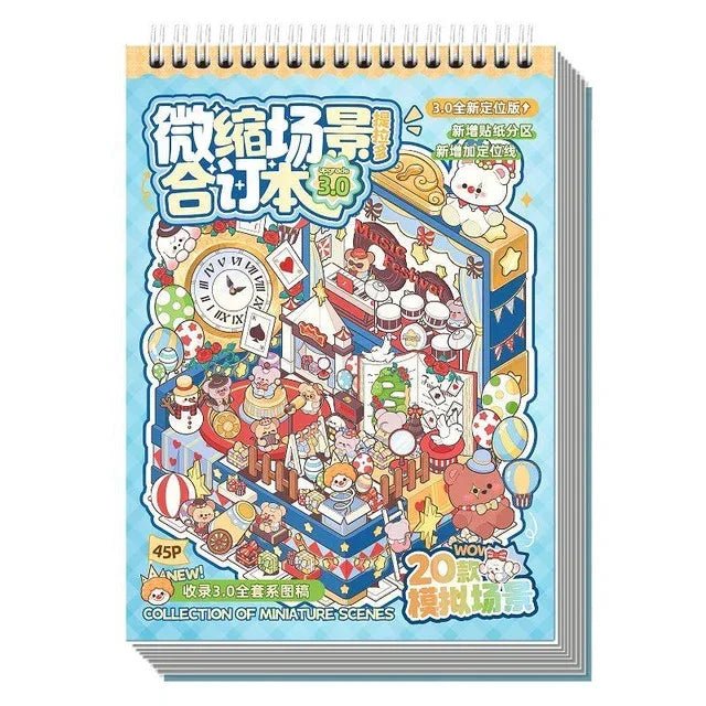 Colorful spiral-bound sticker book with cute animal miniature scenes and playful illustrations