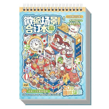 Colorful spiral-bound sticker book with cute animal miniature scenes and playful illustrations