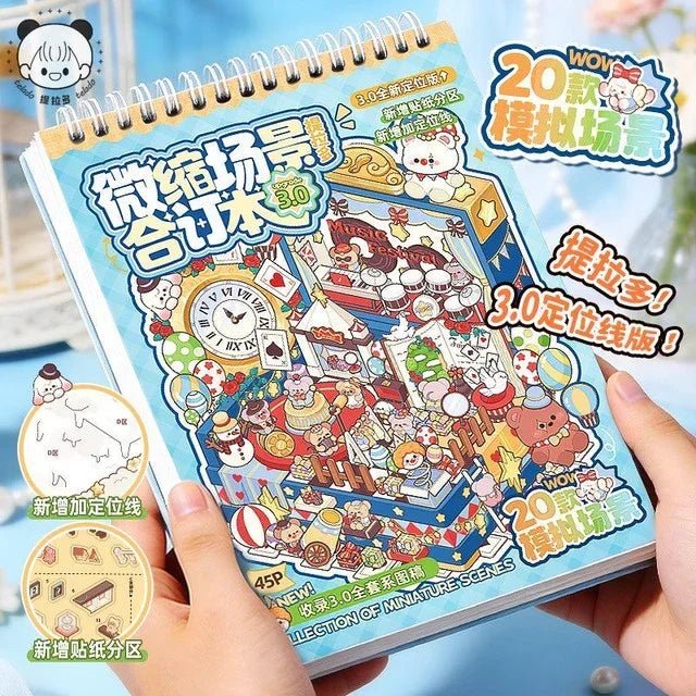 Miniature scene sticker book with cute animals, colorful illustrated cover, spiral binding