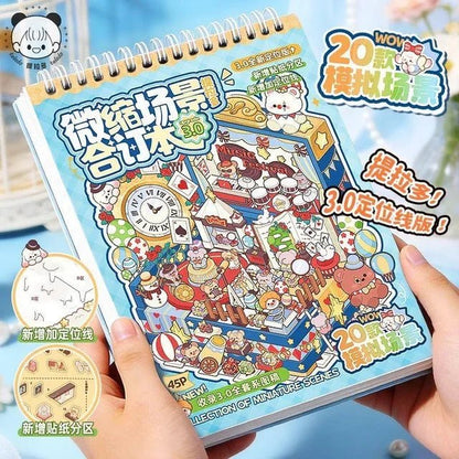 Miniature scene sticker book with cute animals, colorful illustrated cover, spiral binding