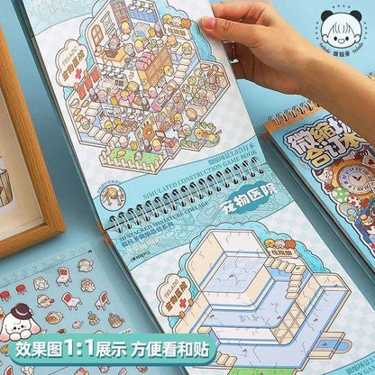 Hand flipping through a spiral book of colorful miniature scene stickers for journaling and scrapbooking