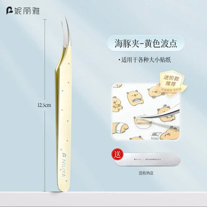 Curved tip tweezers with yellow polka dot handle for crafts, shown with bear stickers.
