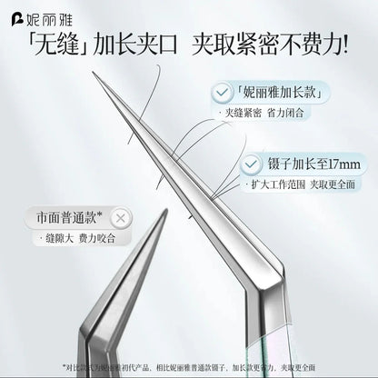 Close-up of long angled precision tweezers with silver tips and comparison to standard tweezers.