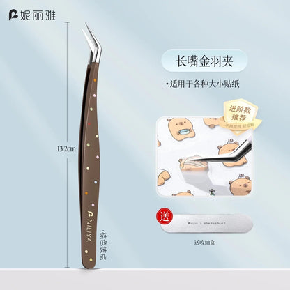 NILIYA Long Angled Precision Tweezers Blue Puppy Silver Bow Yellow Polka Dots - JoyJollyCrafts