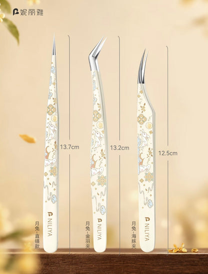 NILIYA Mid-Autumn Festival Moon Rabbit Tweezers Dolphin-style tweezers Golden-Feathered Tweezers Straight forceps - S - JoyJollyCrafts