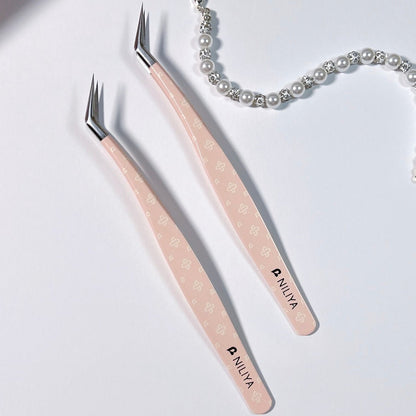 NILIYA Pink Diamond Tweezers Angled Tip Tweezers Curved Tip Tweezers - S - JoyJollyCrafts