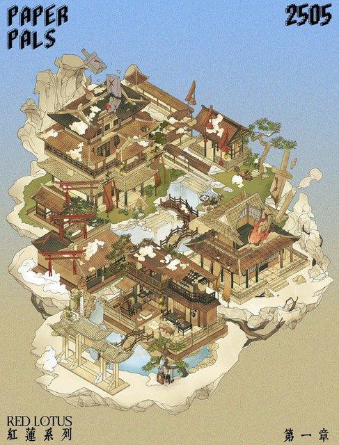 Intricate miniature Asian-style village scene sticker with bridges, pagodas, and gardens.