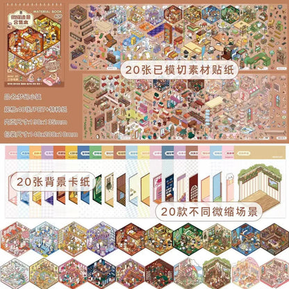 Miniature scene sticker set with colorful cozy town rooms, backgrounds, and creative journaling designs.