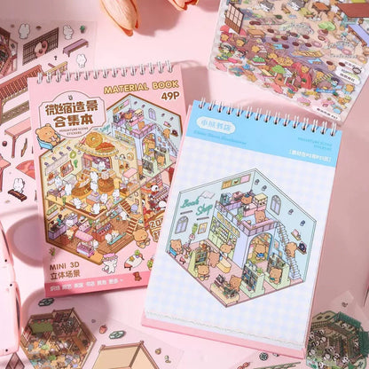Miniature scene sticker books with cute animal town illustrations on spiral notebooks