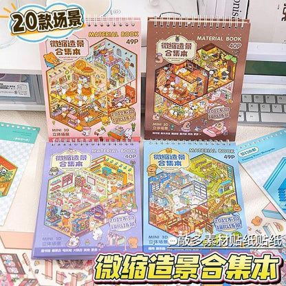 Colorful 3D miniature scene sticker books with cute animal and town illustrations on desk