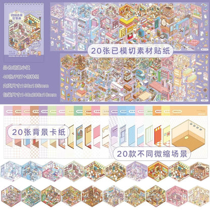 Cute miniature town stickers with pastel buildings and cozy scene backgrounds for journaling