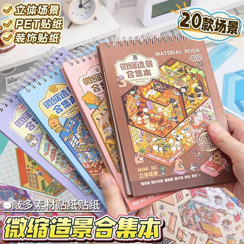 Colorful spiral notebooks with cute miniature scene stickers, perfect for journaling and scrapbooking