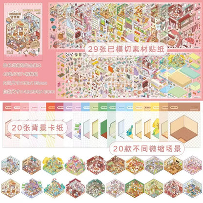 Colorful miniature town scene stickers and background cards set for journaling and scrapbooking